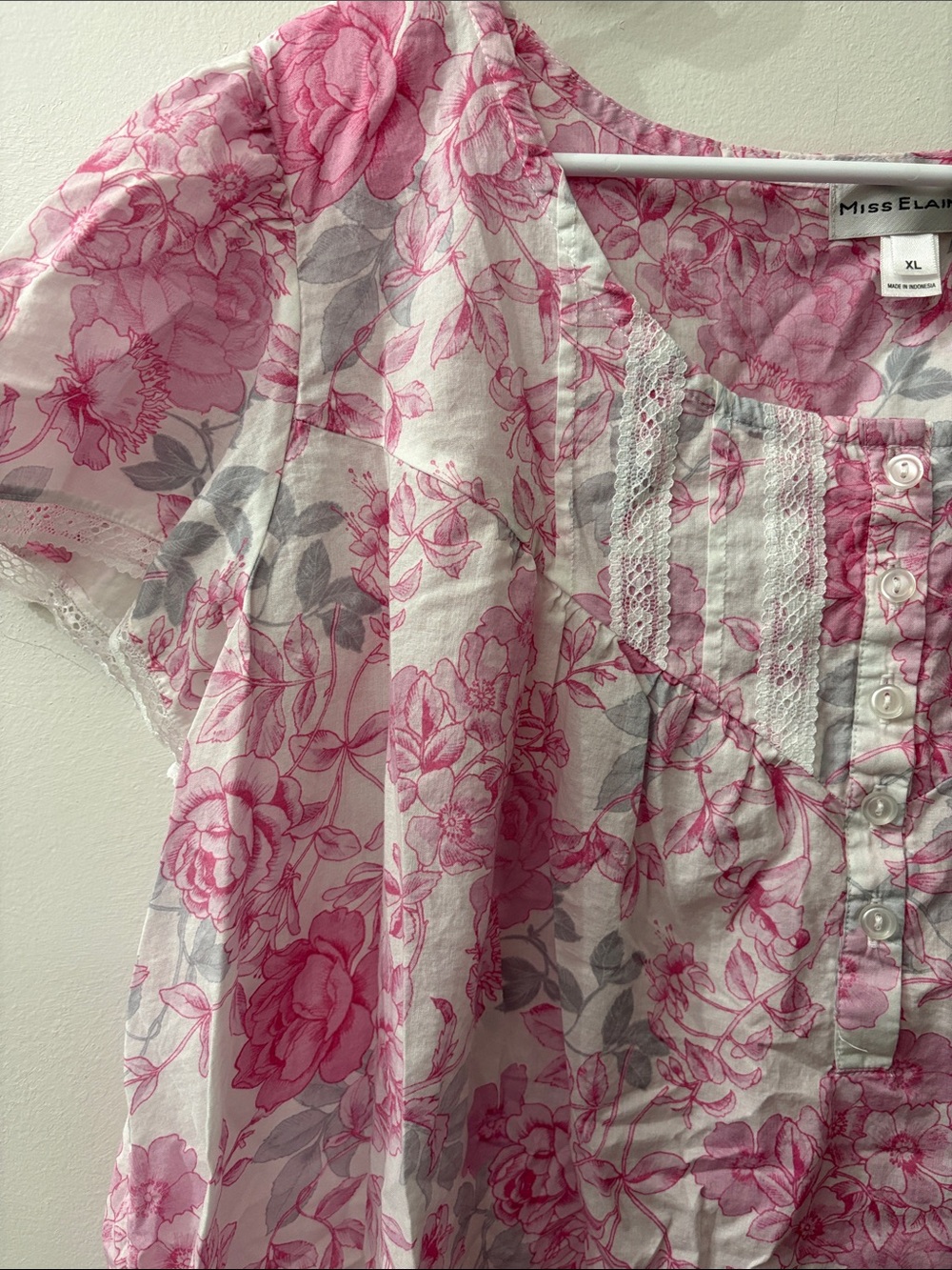 Miss Elaine Pink and Gray Floral Short Sleeve nightgown - XL - 100% cotton - Picture 3 of 5